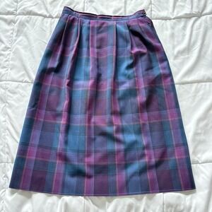 Vintage Pencil Midi Skirt Womens 12 Purple 100% Wool Made In USA Plaid School